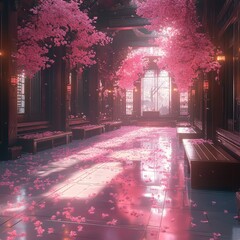 Obraz premium A bright and modern gallery with pops of pink lighting, evoking creativity and futuristic art styles.