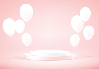 Pastel pink background vector 3d with balloons and podium. Product display presentation. valentine day background. Space for selling products on the website. Vector illustration.