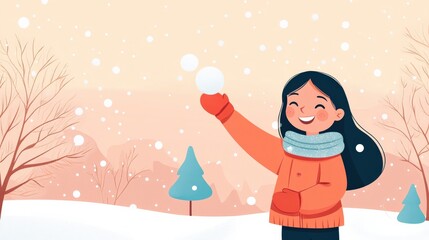 Obraz premium Happy girl playing in the snow with snowball in hand, enjoying winter scenery with snowflakes falling in a serene snowy outdoor landscape.