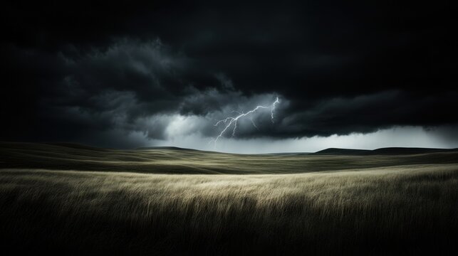 Stormy landscape with lightning grassy field