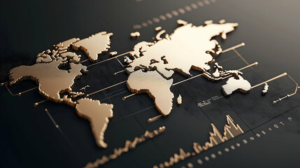 A sleek, modern representation of a world map with a metallic finish, overlaid on a dark background, suggesting a focus on global data and analytics.