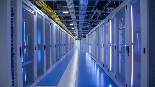 High tech Data Center with Rows of Server Racks and Cables in Modern IT Facility  Concept of digital infrastructure data processing and cloud computing technology - Powered by Adobe