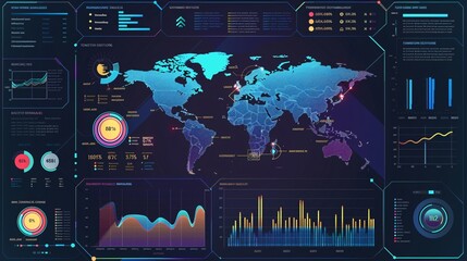 Innovative data analytics dashboard featuring an interactive world map comprehensive business infographic charts