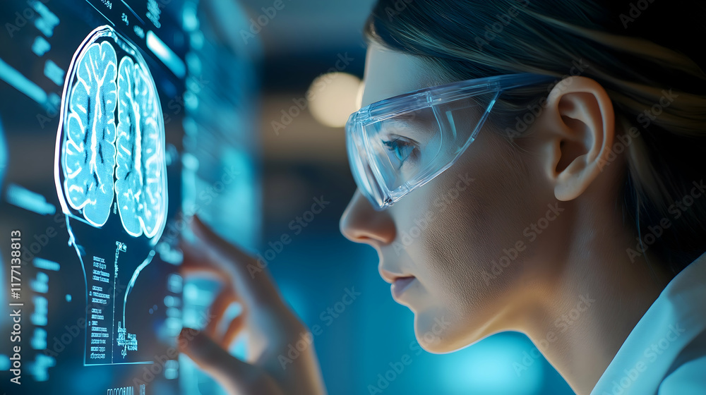 Poster a scientist analyzes brain scans using advanced technology, showcasing innovation in neuroscience an