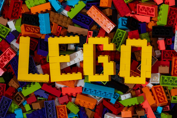 Obraz premium Lego inscription made from Lego blocks for design purpose