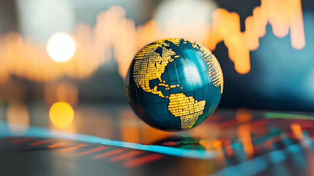 A close-up of a globe illustrating the Americas, with a colorful graph background suggesting economic or statistical data.