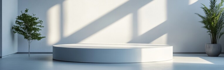 A minimalist pedestal set in a white background, ideal for showcasing products in a modern aesthetic.