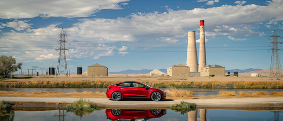A sleek red electric hatchback is positioned near a tranquil waterway in a desaturated rural area