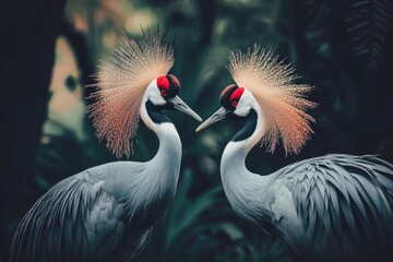 Fototapeta premium A picturesque image of a pair of grey crowned cranes in a wetland area.