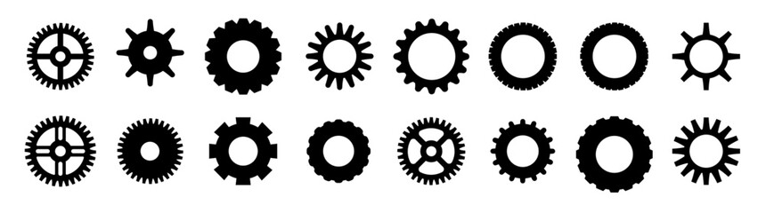 Gears shapes line icons. Flat machine gear icon. Wheel cogwheel vector. Simple outline isolated elements. Black gear.