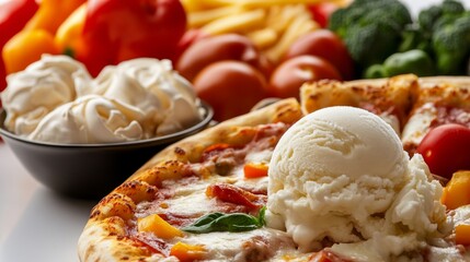 A set of frozen foods, like pizza, vegetables, and ice cream, isolated on a clean white surface.