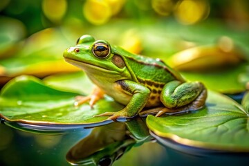Naklejka premium Adorable Tiny Frog Aerial View, Green Amphibian in Lush Pond Scenery