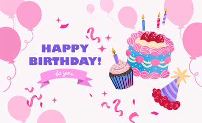 Happy birthday cake background design in trendy flat style. Birthday greeting text with cake, candle, party hat and balloons. Vector illustration invitation card