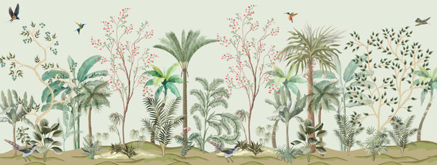 Bird and Branch Mural in Peach Sunrise, Tropical plant, garden, watercolor background. © Sharif
