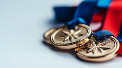 A set of gold medals with blue and red ribbons, symmetrically placed against a clean, white backdrop.