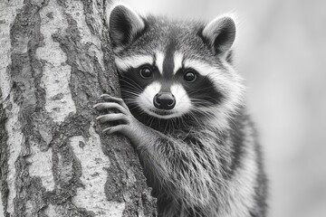 Fototapeta premium Raccoon curiously peeks from behind a tree in a serene forest setting during daylight
