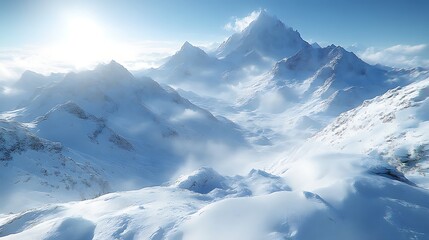 Sunlit snow-capped mountain range.