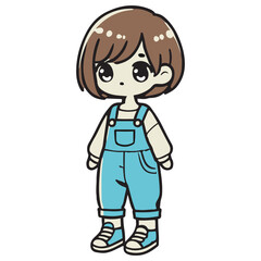 Young girl with curly hair, wearing overalls and sneakers,