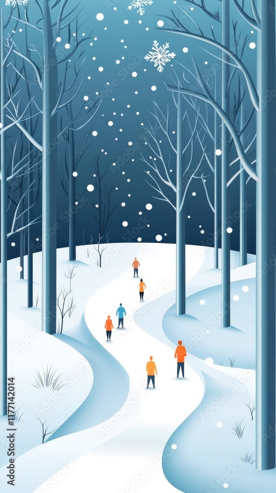Poster snowy winter landscape with people walking on a curved path surrounded by tall trees and falling sno