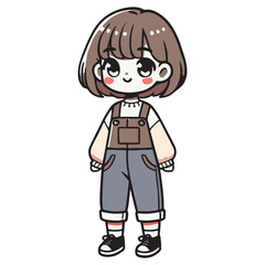 Young girl with curly hair, wearing overalls and sneakers,