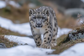 Fototapeta premium Leopard traverses a snow-covered landscape in search of prey during the winter season