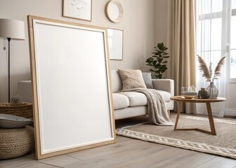 Blank picture frame mockup hanging on wall. White cup of coffee, books. Artistic poster.