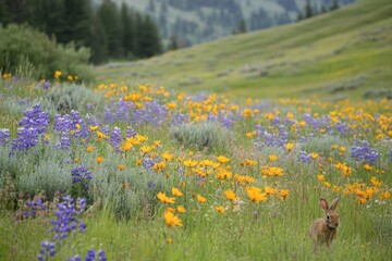Rabbin Spring brings vibrant wildflowers and a curious rabbit in a lush meadow landscape