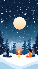 Fototapeta premium Serene Winter Gathering Under a Starry Sky with Warm Candlelight and Family Bonds
