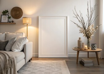 Blank picture frame mockup hanging on wall. White cup of coffee, books. Artistic poster.