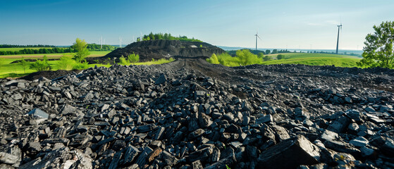 From a low-angle perspective, a massive pile of dark coal stretches across the horizon