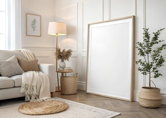 Blank picture frame mockup hanging on wall. White cup of coffee, books. Artistic poster.