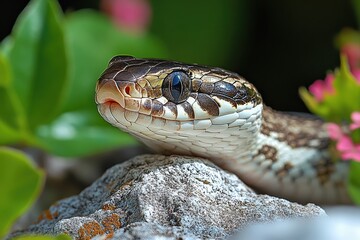 Fototapeta premium Close view of a Snake Spring among vibrant plants at a natural setting