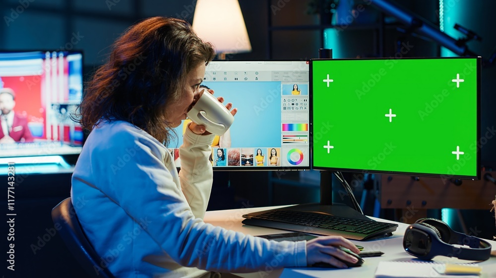 Poster content specialist uses graphic design skills to make social media post on green screen computer for