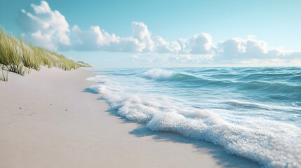 Obraz premium Ocean Waves Crashing on Sandy Beach with Blue Sky - 3D Illustration