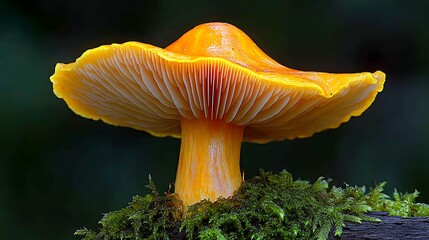 Vibrant orange mushroom forest moss close-up.