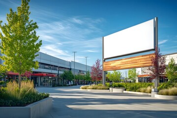 Vibrant and Modern Mall with Pristine White Billboard on a Sunny Spring Day