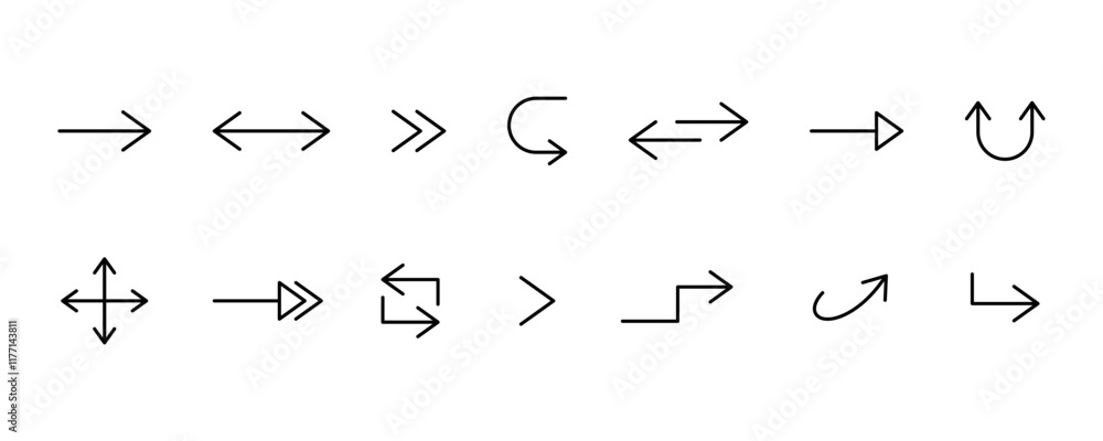 Poster set of outline arrows vector icons. linear thin arrows for web page. vector 10 eps.