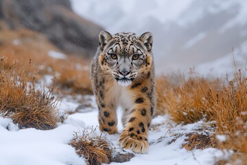 Fototapeta premium Leopard strides confidently through melting snow in rugged mountainous terrain