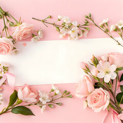 Obraz premium Banner with flowers on light pink background with space for text