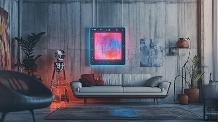Futuristic living room with neon artwork, robot, and modern furniture.