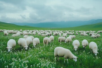Naklejka premium Sheep grazing in lush green fields of Sheep Meadow during spring under cloudy skies