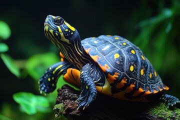 Colorful turtle basking among lush greenery in a serene aquatic environment