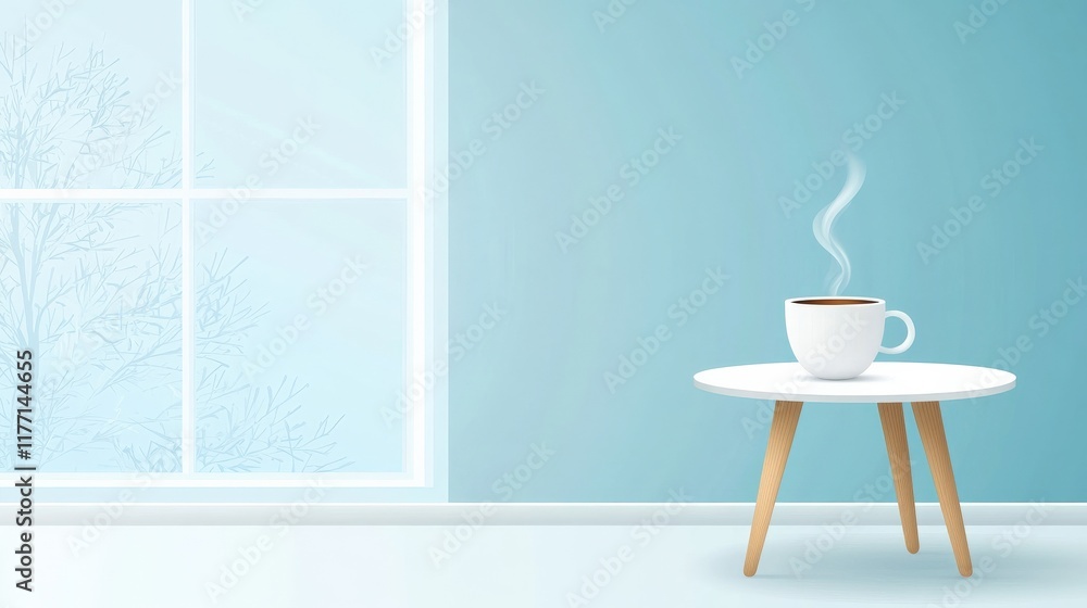 Poster cozy morning coffee cup on minimalist table with light blue wall and soft window light creating a ca