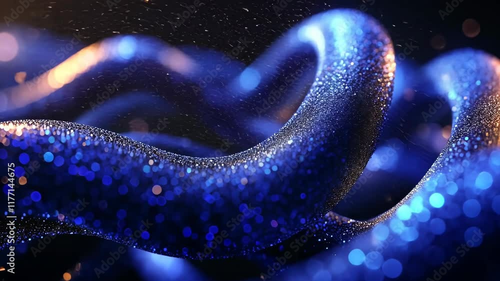 Poster swirling blue glitter waves create a mesmerizing visual effect in a dark background