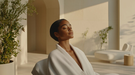 A young woman with a sleek, shoulder-length bob, wearing a spa robe, enjoying a refreshing facial treatment. The room is decorated with minimalist modern design