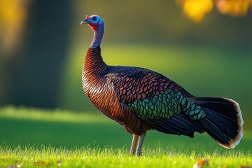 Obraz premium Turkey strutting in a grassy area during late afternoon sunlight