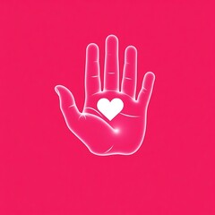 Obraz premium Hand of Hope: A glowing white hand, a symbol of compassion and generosity, holds a heart in its palm, radiating warmth and love against a vibrant pink background. The image evokes feelings of care.