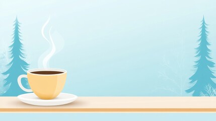 Warm Yellow Cup of Coffee on Wooden Table with Gentle Steam Rising Against a Soft Blue Background with Abstract Trees in Winter Scene