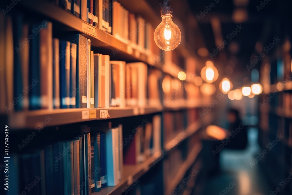 Poster tranquil academic scene featuring rows of bookshelves and a student engaged in reading at a table un