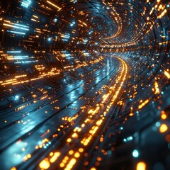 Light trails speed through futuristic tunnel with glowing panels and circuitry background for technology or sci-fi visuals